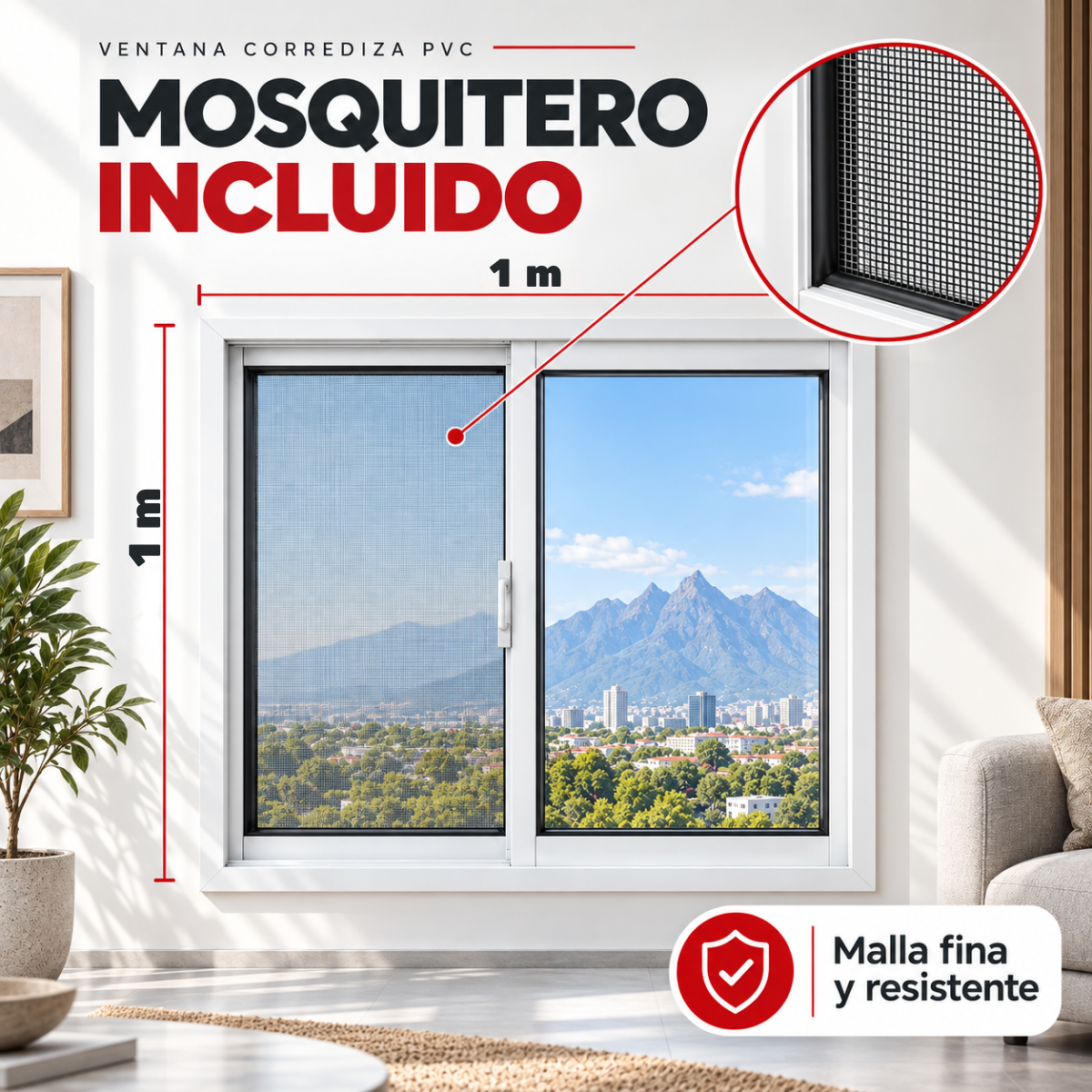 Información visual de ventana corrediza PVC de 100 x 100 cm