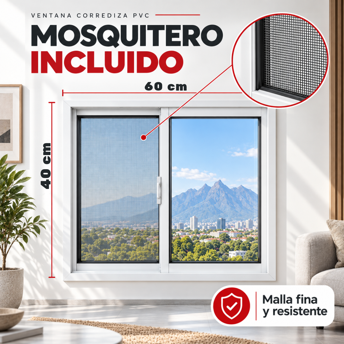 Información comercial de ventana corrediza de PVC de 60 x 40 cm